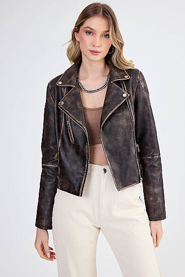 Fermuarlı Suni Deri Crop Biker Ceket - 9