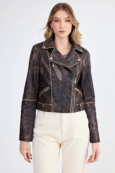 Fermuarlı Suni Deri Crop Biker Ceket - 11