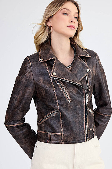Fermuarlı Suni Deri Crop Biker Ceket - 14