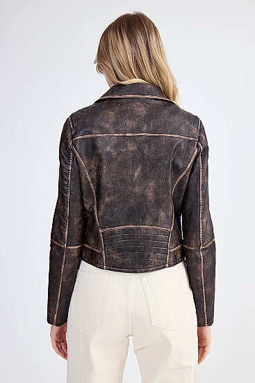 Fermuarlı Suni Deri Crop Biker Ceket - 13