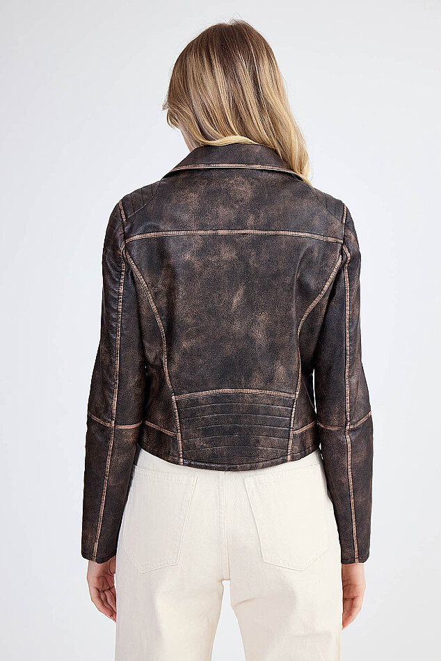 Fermuarlı Suni Deri Crop Biker Ceket - 13