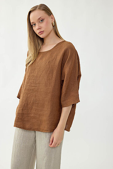 %100 Keten Geniş Yaka Oversize Kısa Kol Bluz - 2