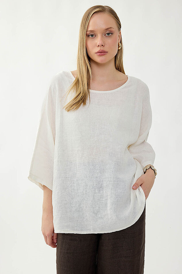 %100 Keten Geniş Yaka Oversize Kısa Kol Bluz - 15
