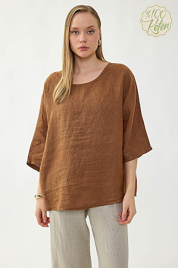 %100 Keten Geniş Yaka Oversize Kısa Kol Bluz - 1