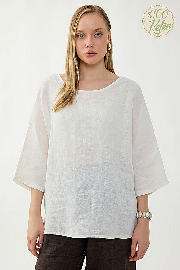 %100 Keten Geniş Yaka Oversize Kısa Kol Bluz - 12