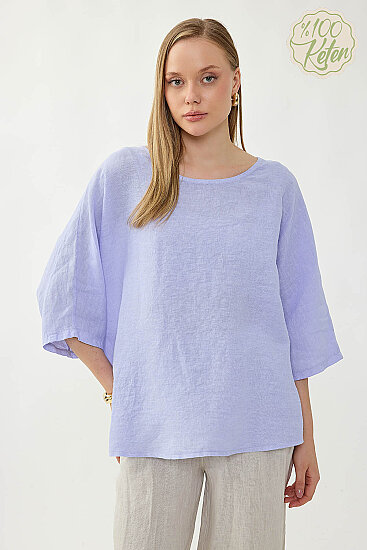 %100 Keten Geniş Yaka Oversize Kısa Kol Bluz - 24