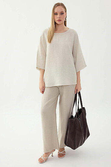 %100 Keten Geniş Yaka Oversize Kısa Kol Bluz - 39