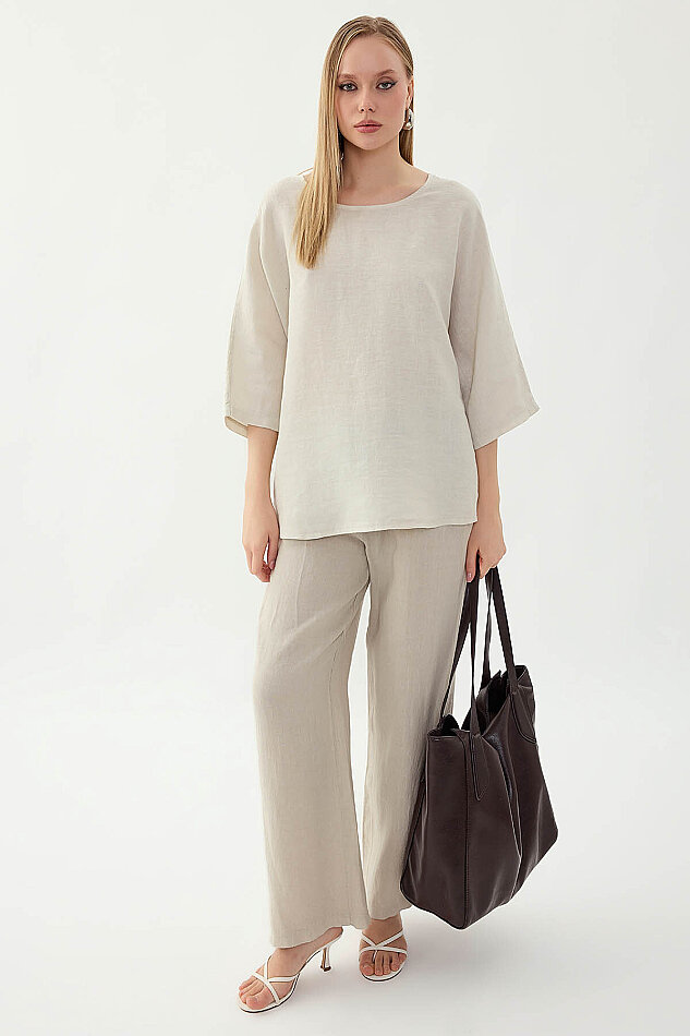 %100 Keten Geniş Yaka Oversize Kısa Kol Bluz - 39