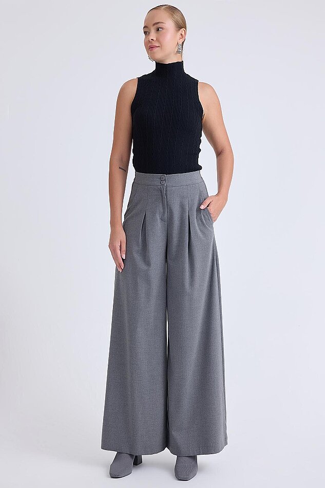 İki Düğme Beli Lastikli Pileli Pantolon - 3