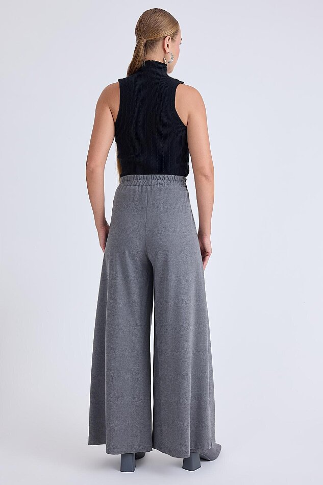 İki Düğme Beli Lastikli Pileli Pantolon - 6