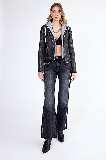 Kapüşonlu Suni Deri Crop Biker Ceket - 2