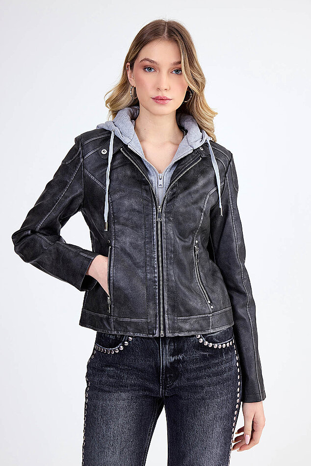 Kapüşonlu Suni Deri Crop Biker Ceket - 3