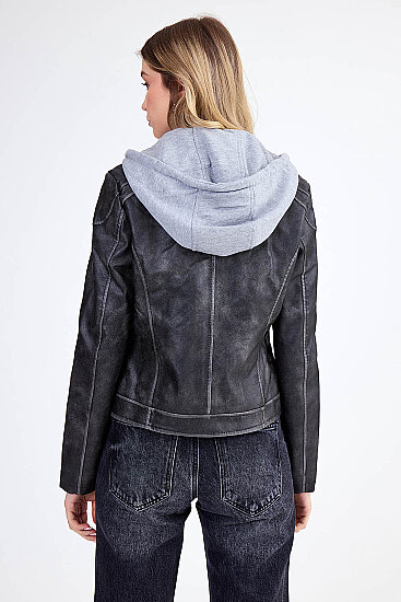 Kapüşonlu Suni Deri Crop Biker Ceket - 4