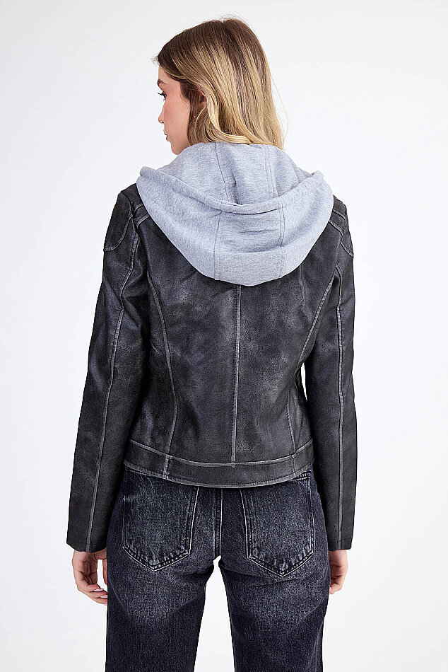 Kapüşonlu Suni Deri Crop Biker Ceket - 4