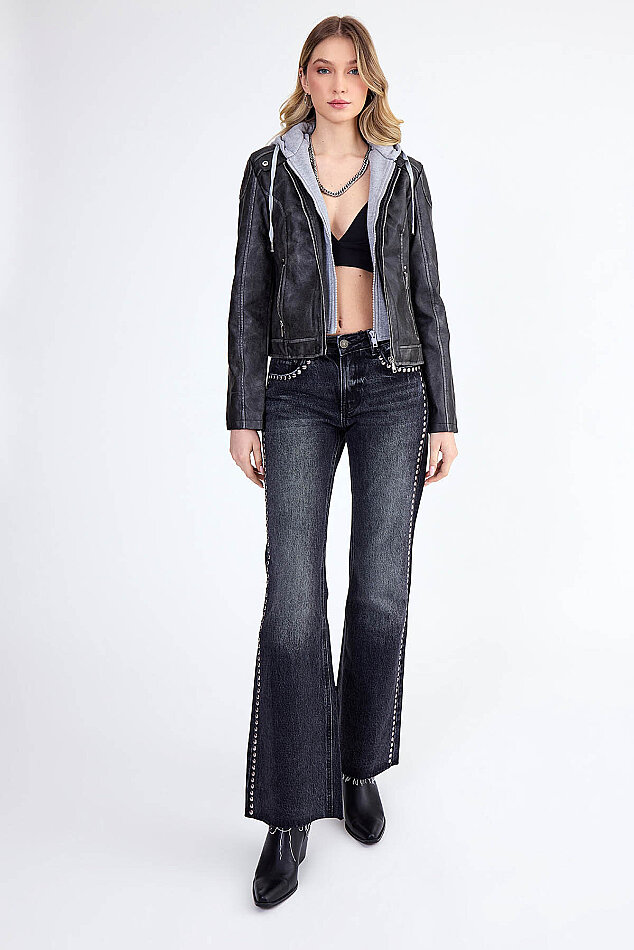 Kapüşonlu Suni Deri Crop Biker Ceket (1)