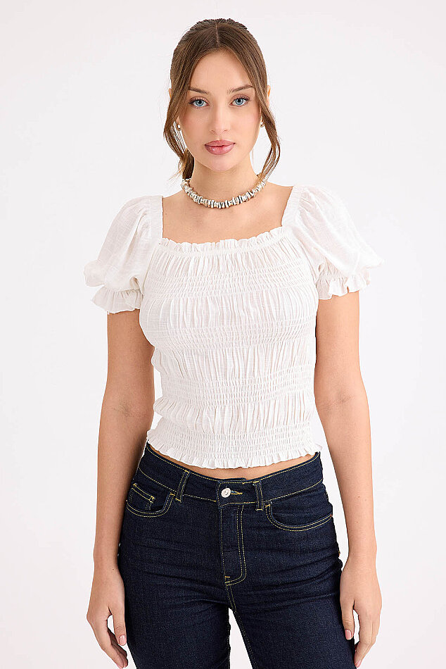 Kare Yaka Viskon Keten Crop Bluz - 3