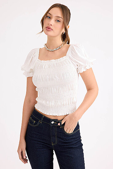Kare Yaka Viskon Keten Crop Bluz - 1