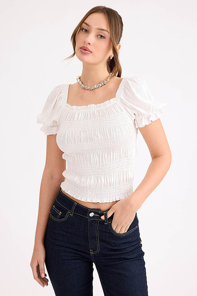 Kare Yaka Viskon Keten Crop Bluz - 1