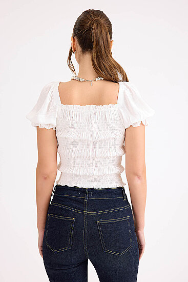 Kare Yaka Viskon Keten Crop Bluz - 5
