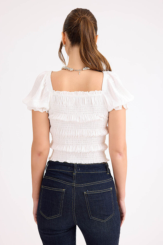Kare Yaka Viskon Keten Crop Bluz - 5