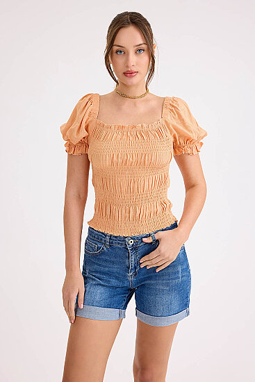 Kare Yaka Viskon Keten Crop Bluz - 7