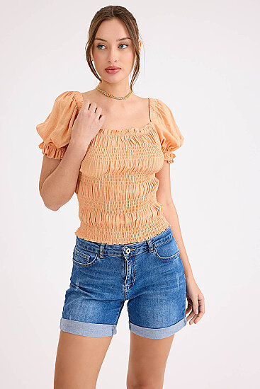 Kare Yaka Viskon Keten Crop Bluz - 9