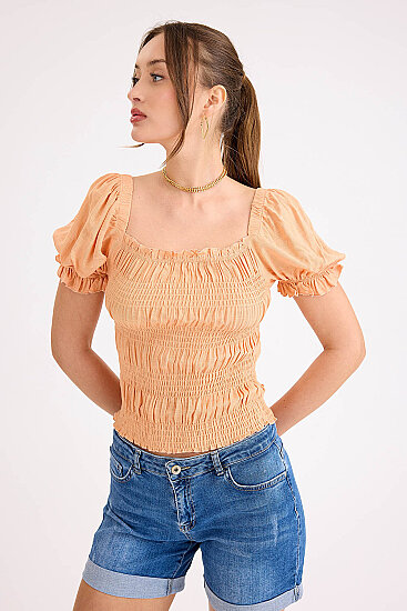 Kare Yaka Viskon Keten Crop Bluz - 11