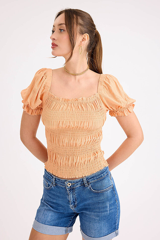 Kare Yaka Viskon Keten Crop Bluz - 11