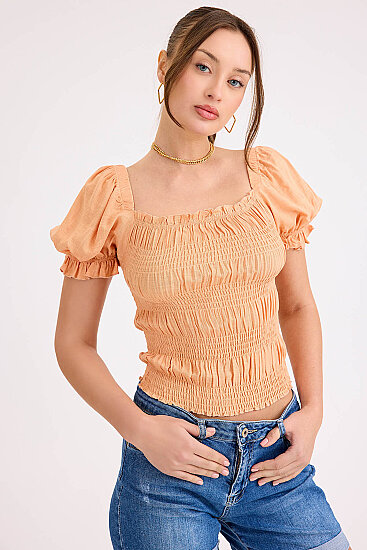Kare Yaka Viskon Keten Crop Bluz - 13