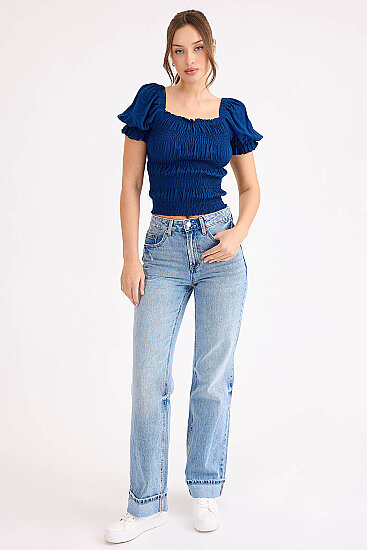 Kare Yaka Viskon Keten Crop Bluz - 15