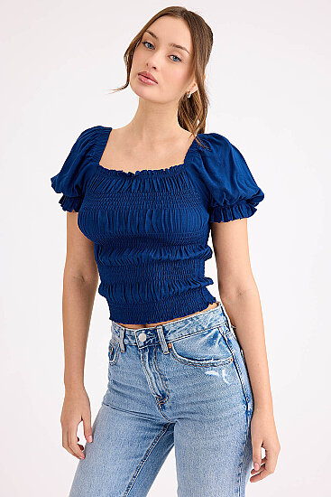 Kare Yaka Viskon Keten Crop Bluz - 16