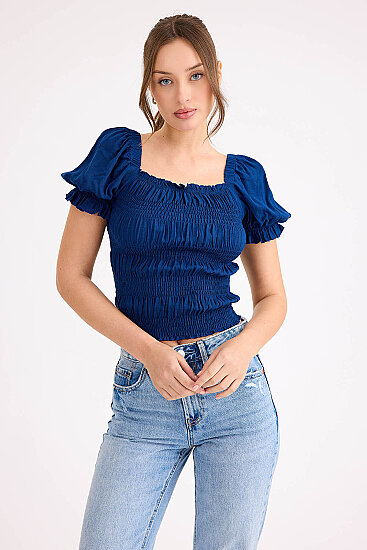Kare Yaka Viskon Keten Crop Bluz - 14