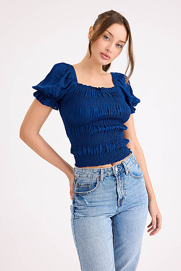 Kare Yaka Viskon Keten Crop Bluz - 18