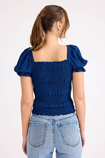 Kare Yaka Viskon Keten Crop Bluz - 17