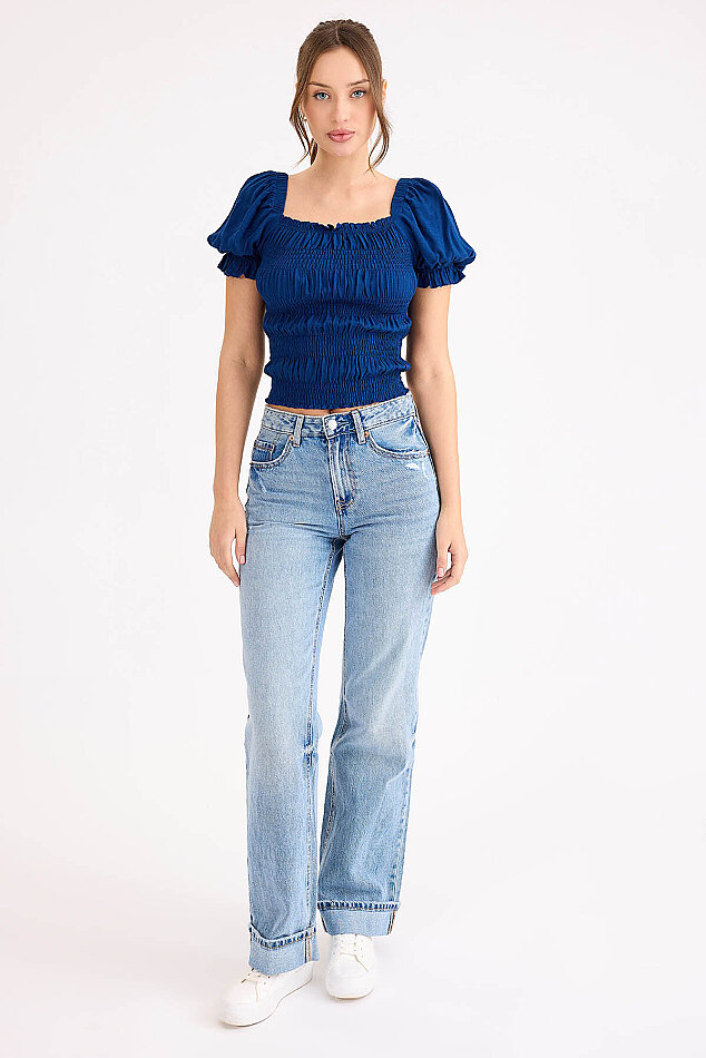 Kare Yaka Viskon Keten Crop Bluz - 20