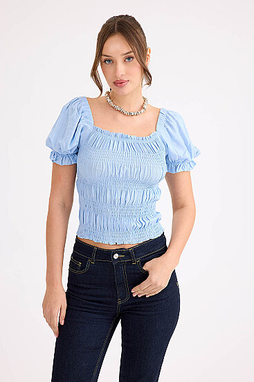 Kare Yaka Viskon Keten Crop Bluz - 21