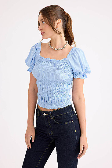Kare Yaka Viskon Keten Crop Bluz - 23