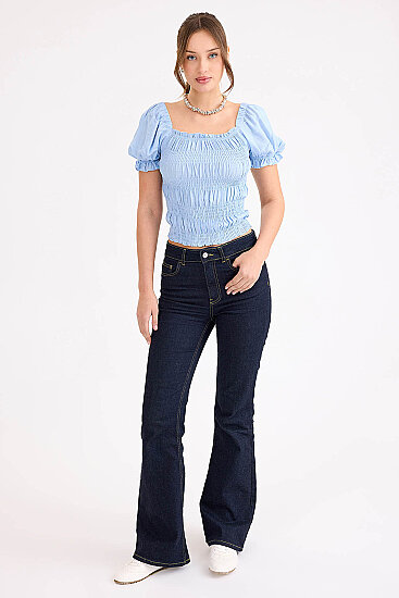 Kare Yaka Viskon Keten Crop Bluz - 22