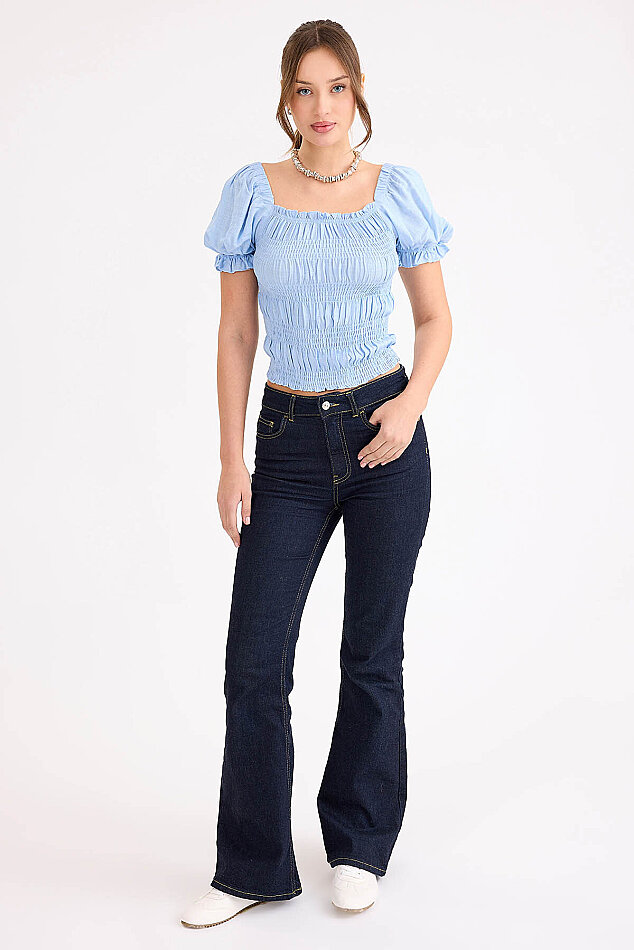 Kare Yaka Viskon Keten Crop Bluz - 22