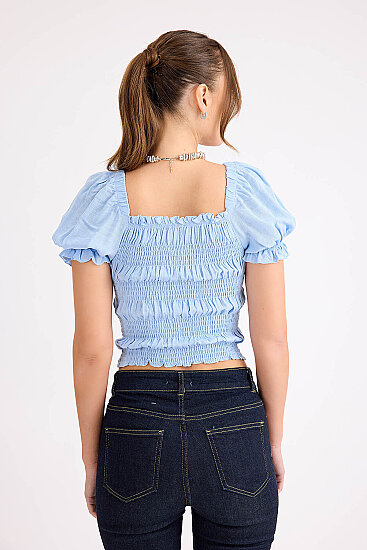 Kare Yaka Viskon Keten Crop Bluz - 25