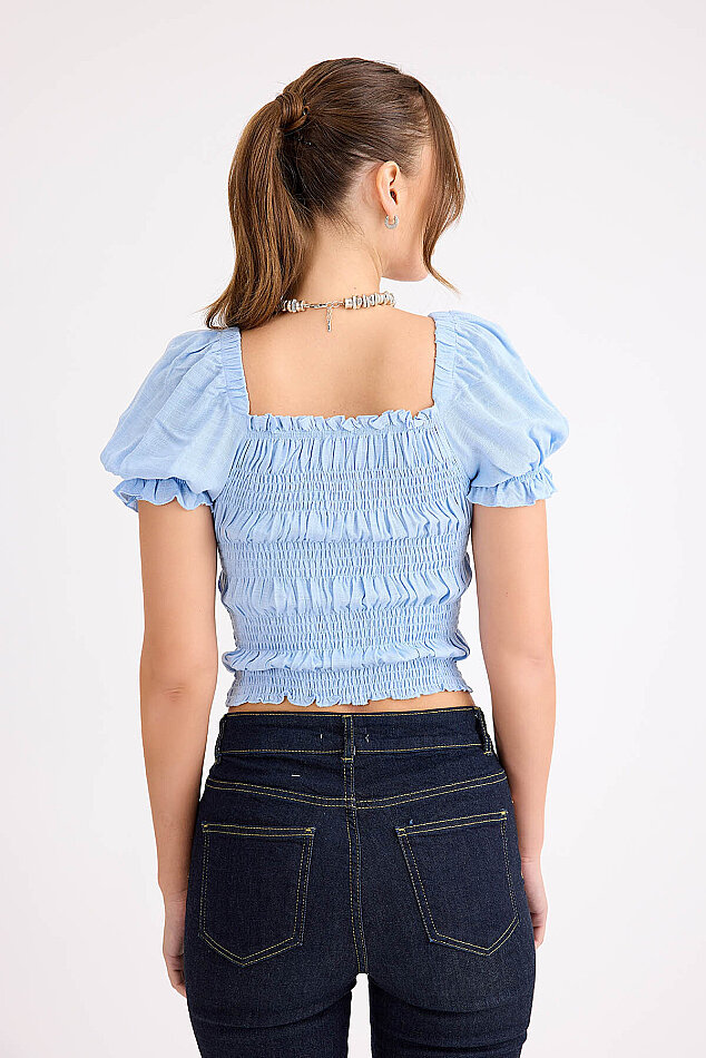 Kare Yaka Viskon Keten Crop Bluz - 25