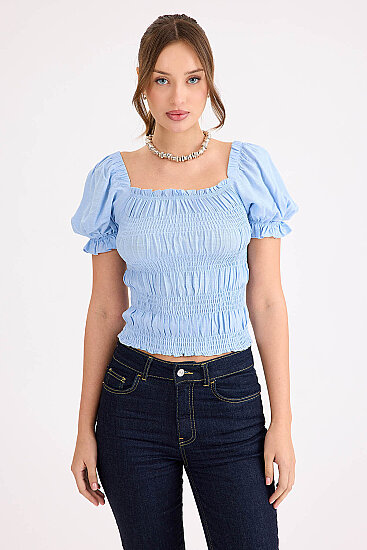 Kare Yaka Viskon Keten Crop Bluz - 27
