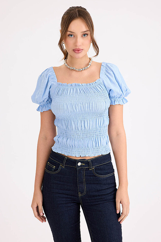 Kare Yaka Viskon Keten Crop Bluz - 27
