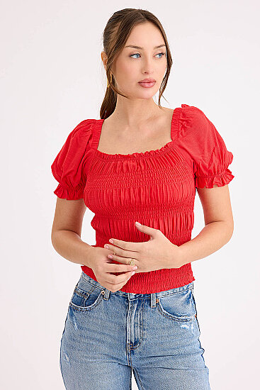 Kare Yaka Viskon Keten Crop Bluz - 28