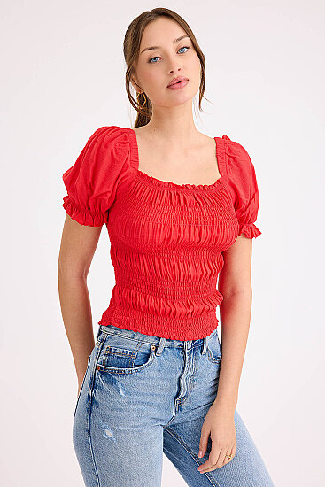 Kare Yaka Viskon Keten Crop Bluz - 30