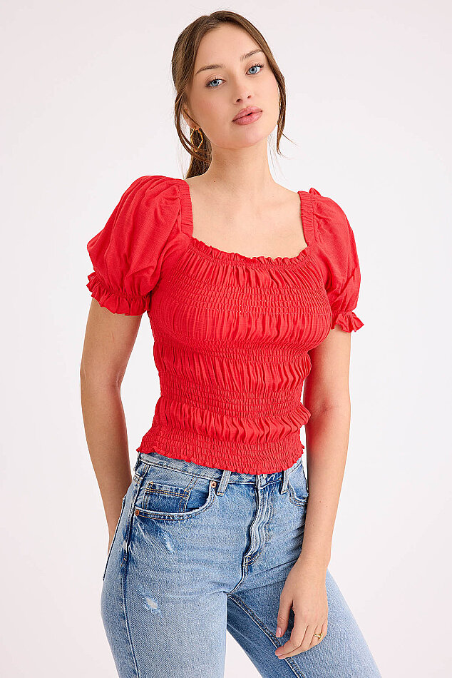 Kare Yaka Viskon Keten Crop Bluz - 30