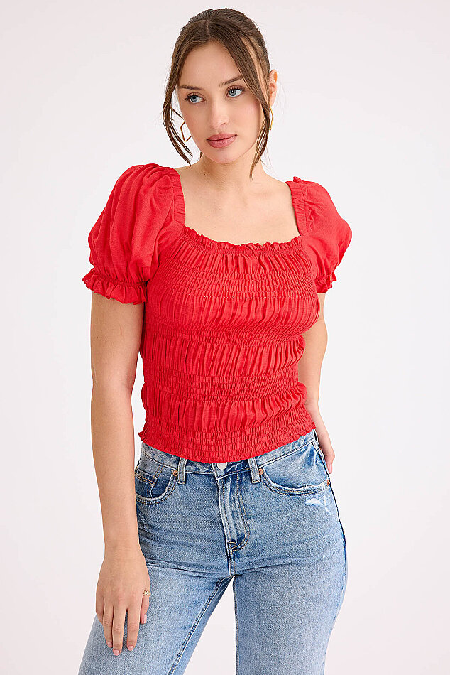 Kare Yaka Viskon Keten Crop Bluz - 31