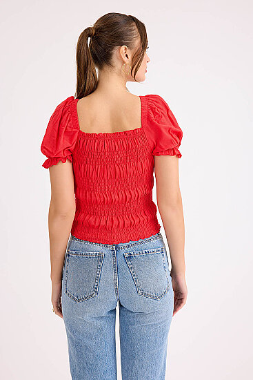Kare Yaka Viskon Keten Crop Bluz - 32