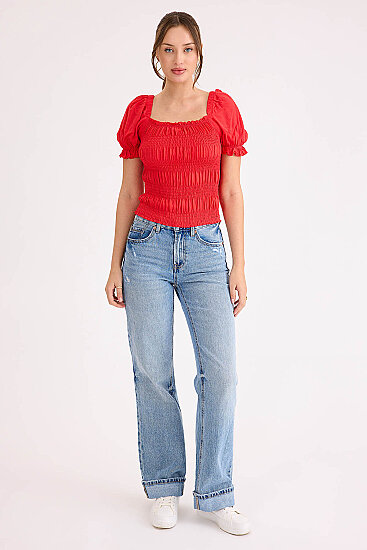 Kare Yaka Viskon Keten Crop Bluz - 29