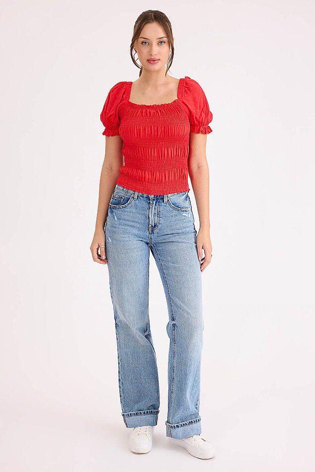 Kare Yaka Viskon Keten Crop Bluz - 29